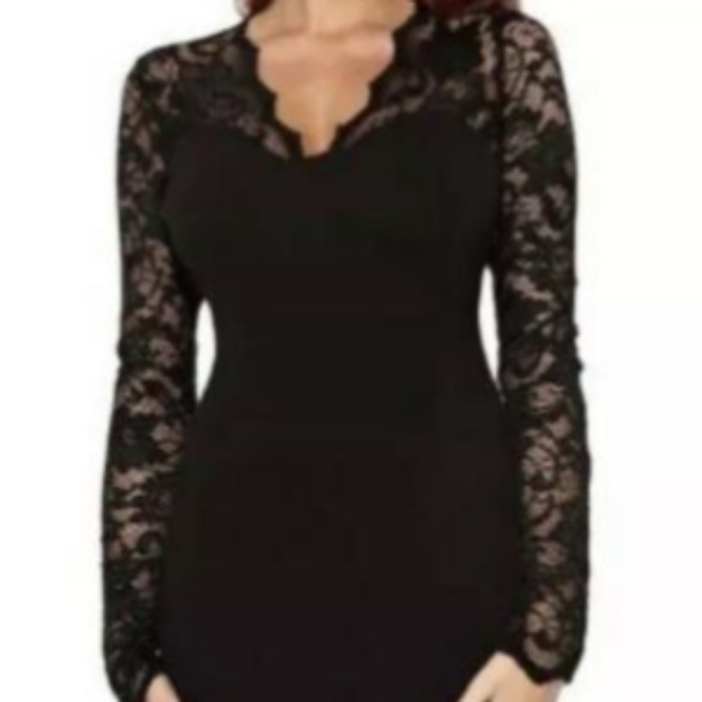Black Illusion Lace Yoke Long Sleeve Sheath Cocktail